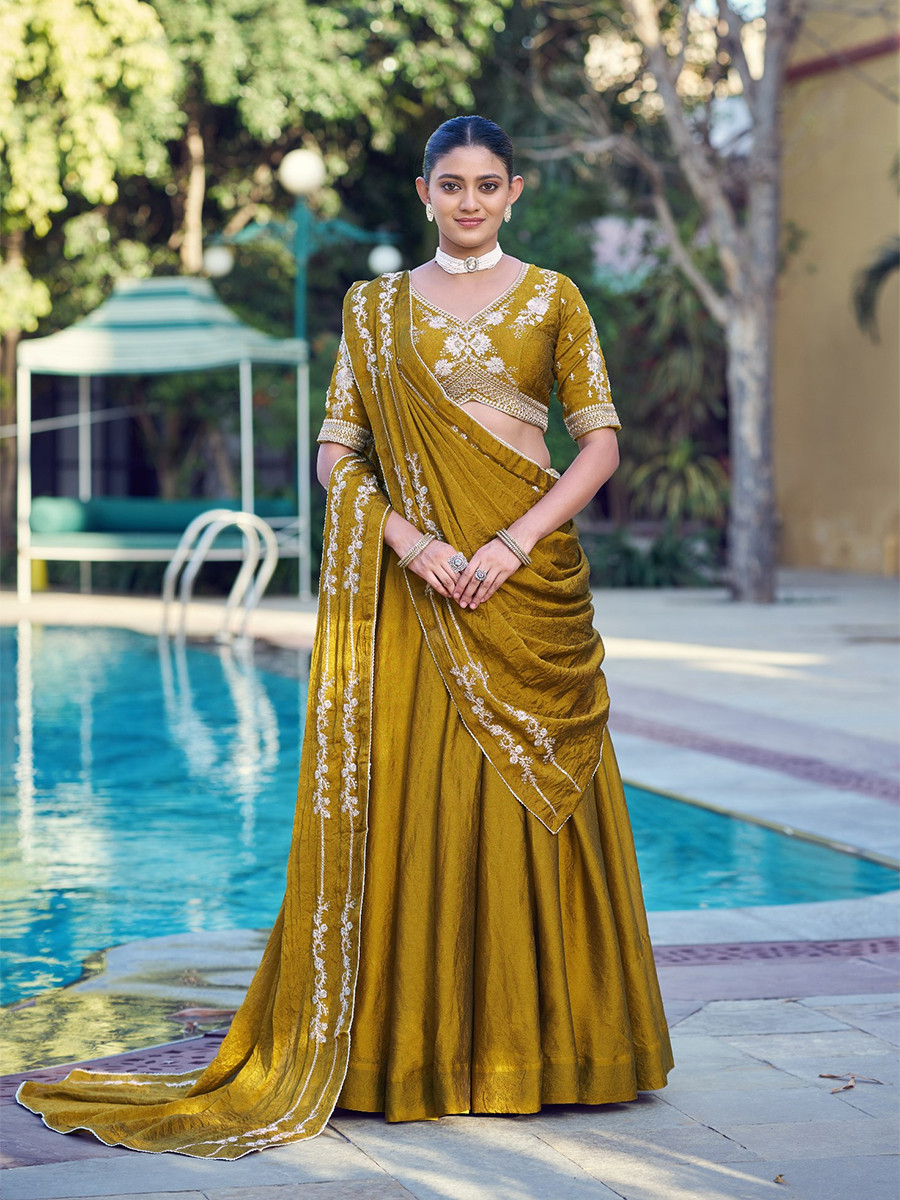 Mustard Rangoli Crush Silk Embroidery Sequins Wedding Reception Party Wear Festival Circular Lehenga Choli