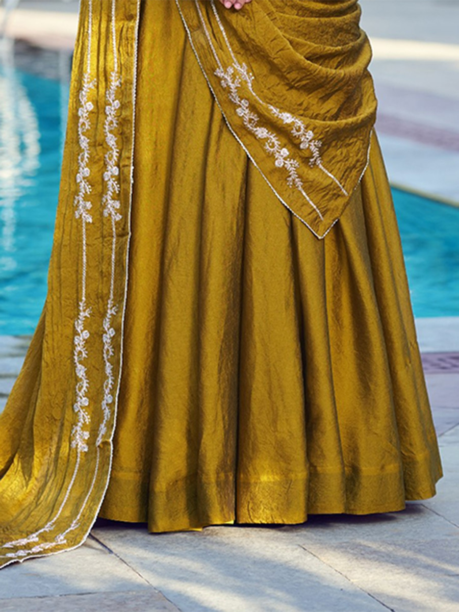 Mustard Rangoli Crush Silk Embroidery Sequins Wedding Reception Party Wear Festival Circular Lehenga Choli