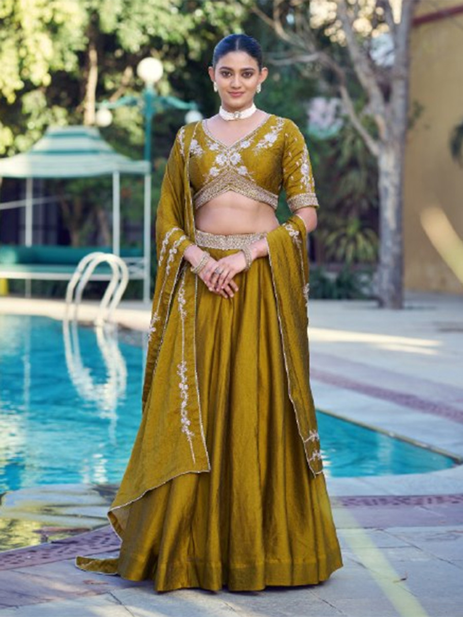 Mustard Rangoli Crush Silk Embroidery Sequins Wedding Reception Party Wear Festival Circular Lehenga Choli