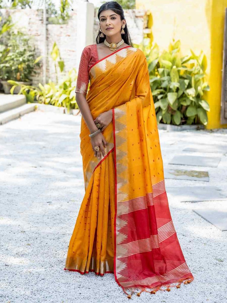 Mustard Raw Silk Handwoven Casual Festival Classic Style Saree