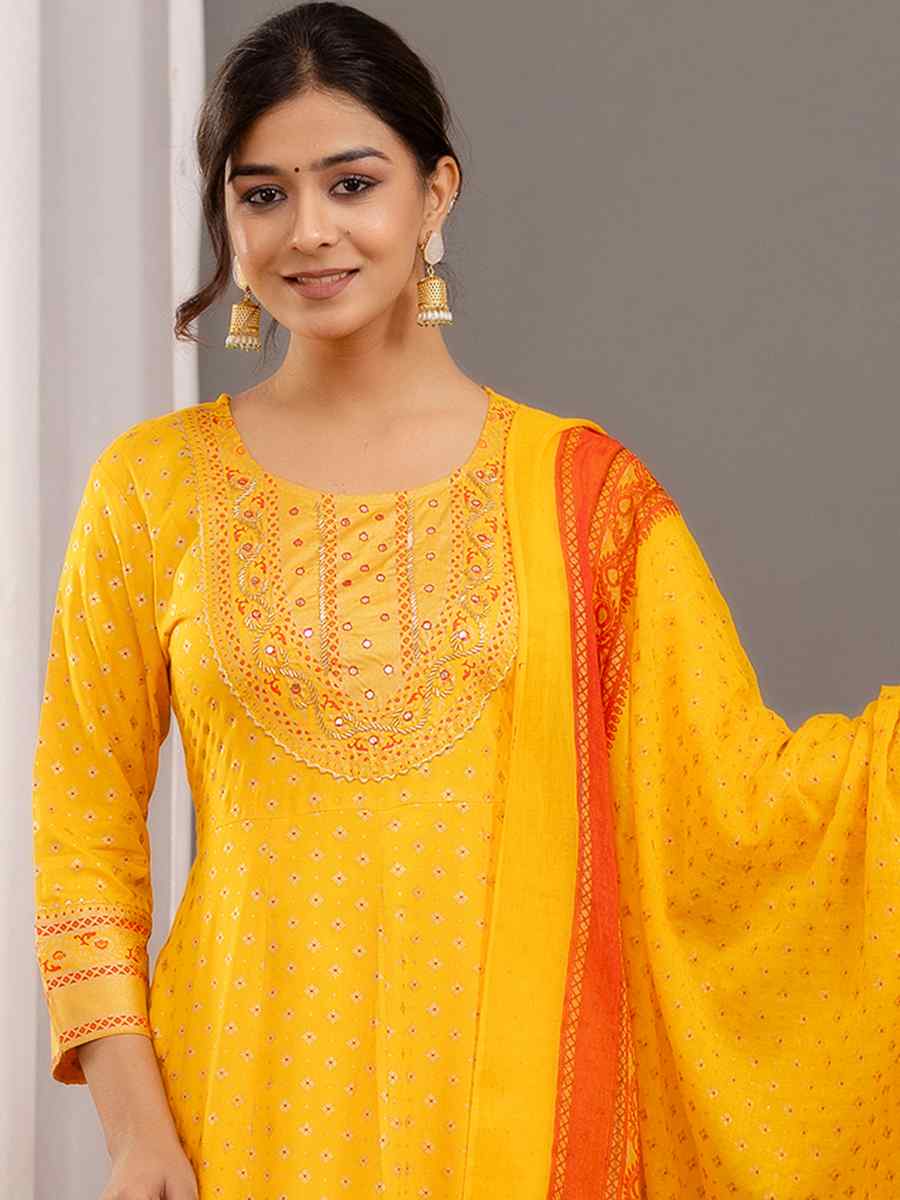 Mustard Rayon Cotton Embroidered Festival Casual Ready Anarkali Salwar Kameez