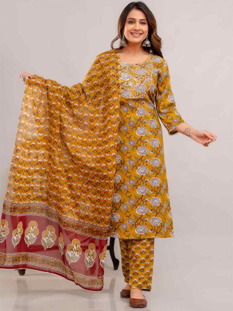 Mustard Rayon Cotton Printed Casual Festival Pant Salwar Kameez