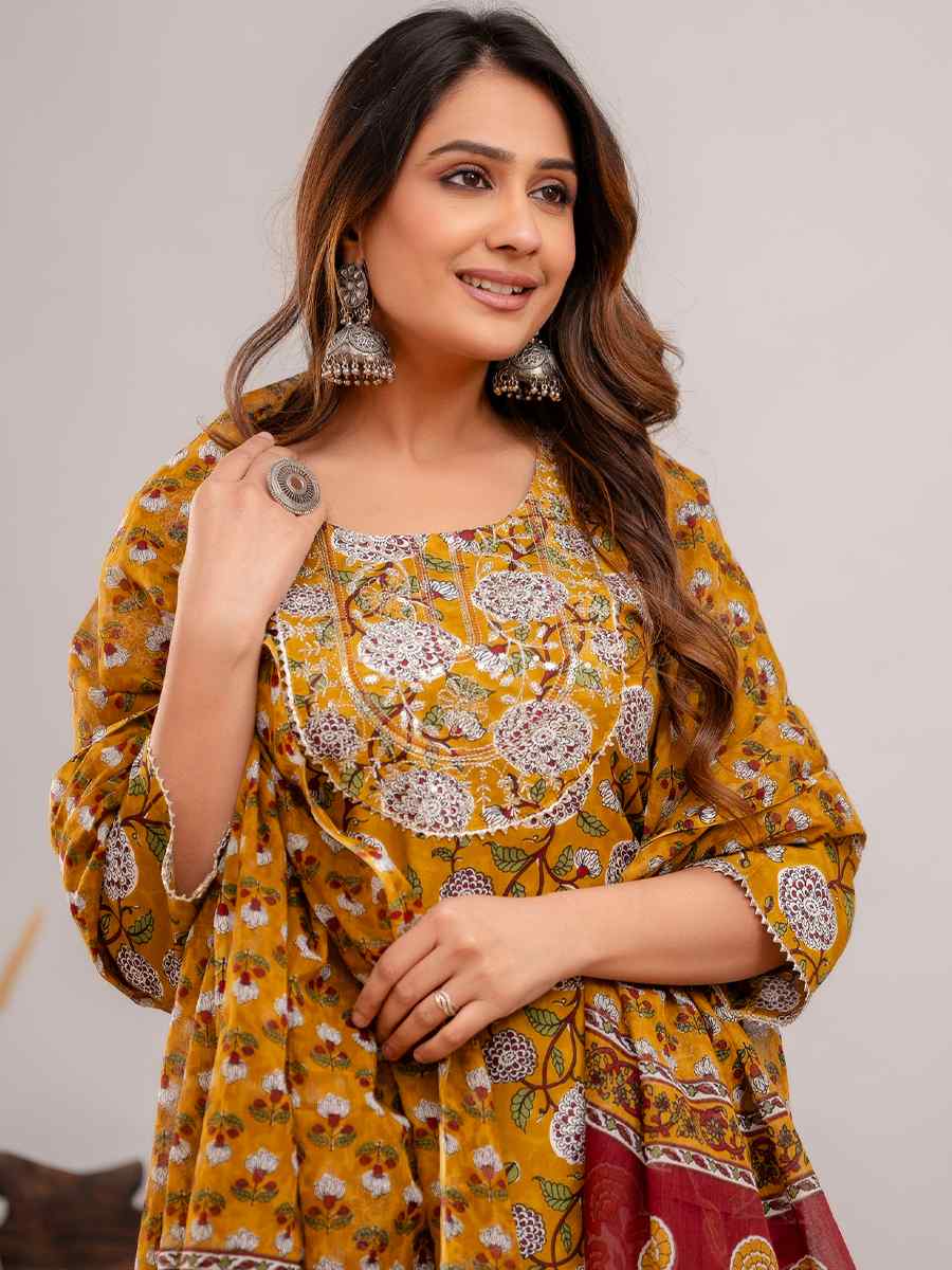 Mustard Rayon Cotton Printed Festival Casual Ready Pant Salwar Kameez