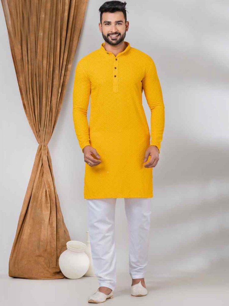 Mustard Rayon Embroidered Festival Casual Kurta