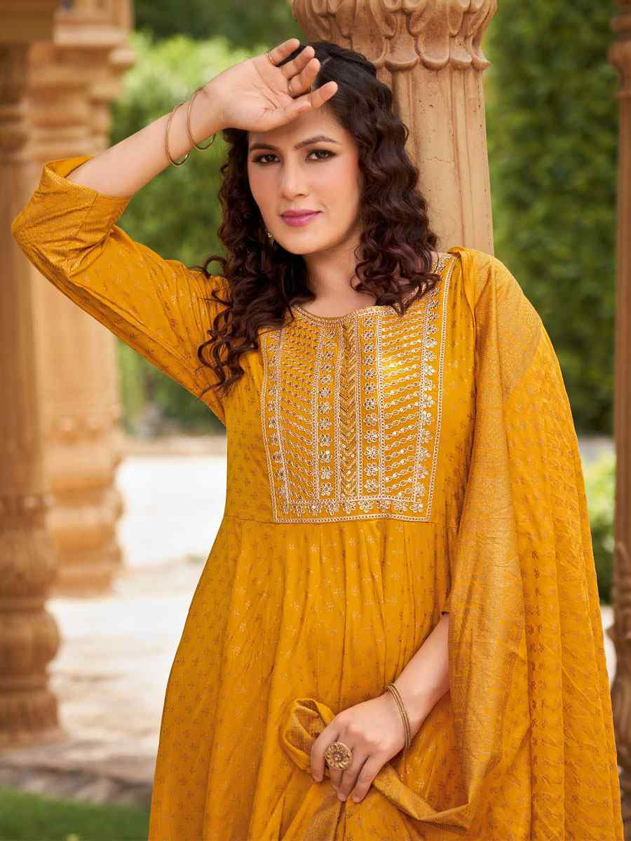 Mustard Rayon Embroidery Party Wedding Festival Casual Ready Anarkali Salwar Kameez