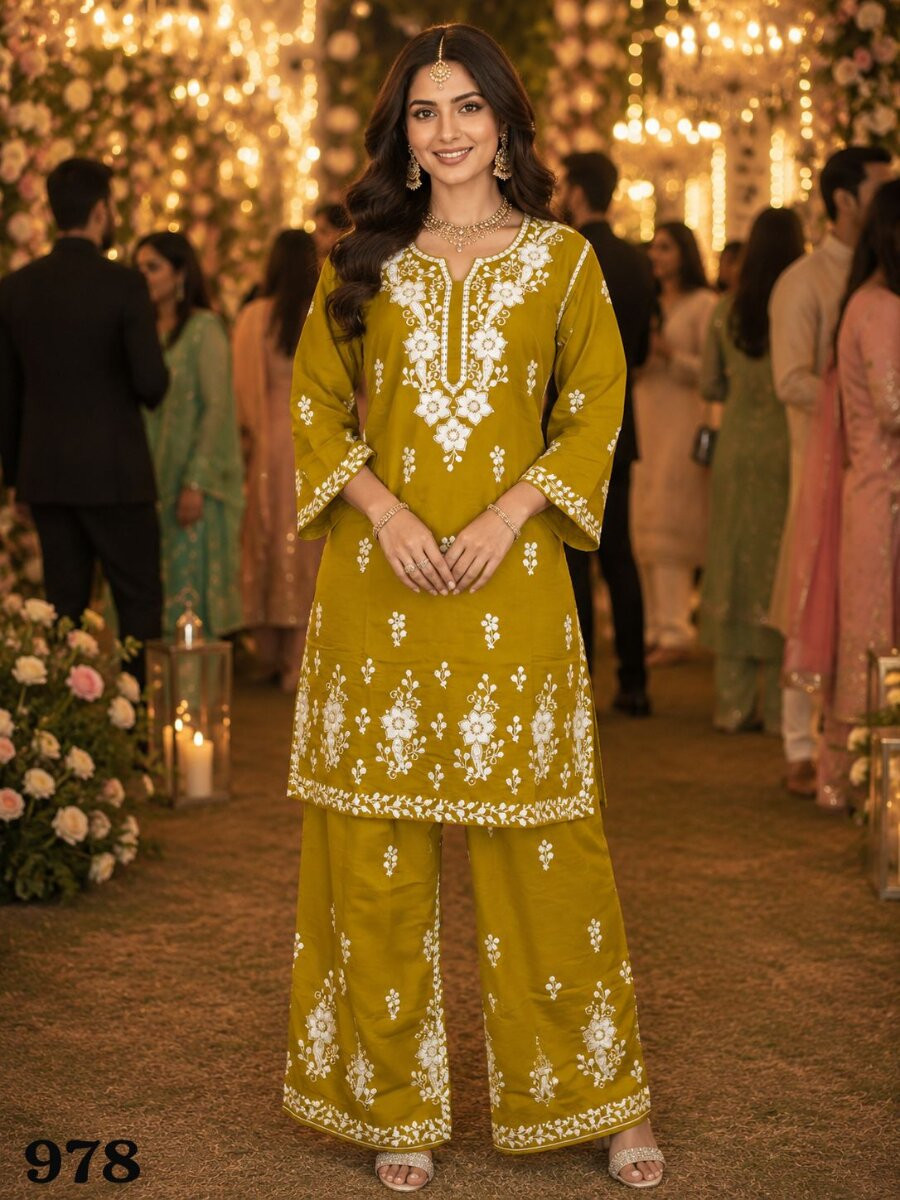 Mustard Real Premium PV Chanderi Roman Silk Embroidered Wedding Party Festival Casual Kurti Bottom Women Wear