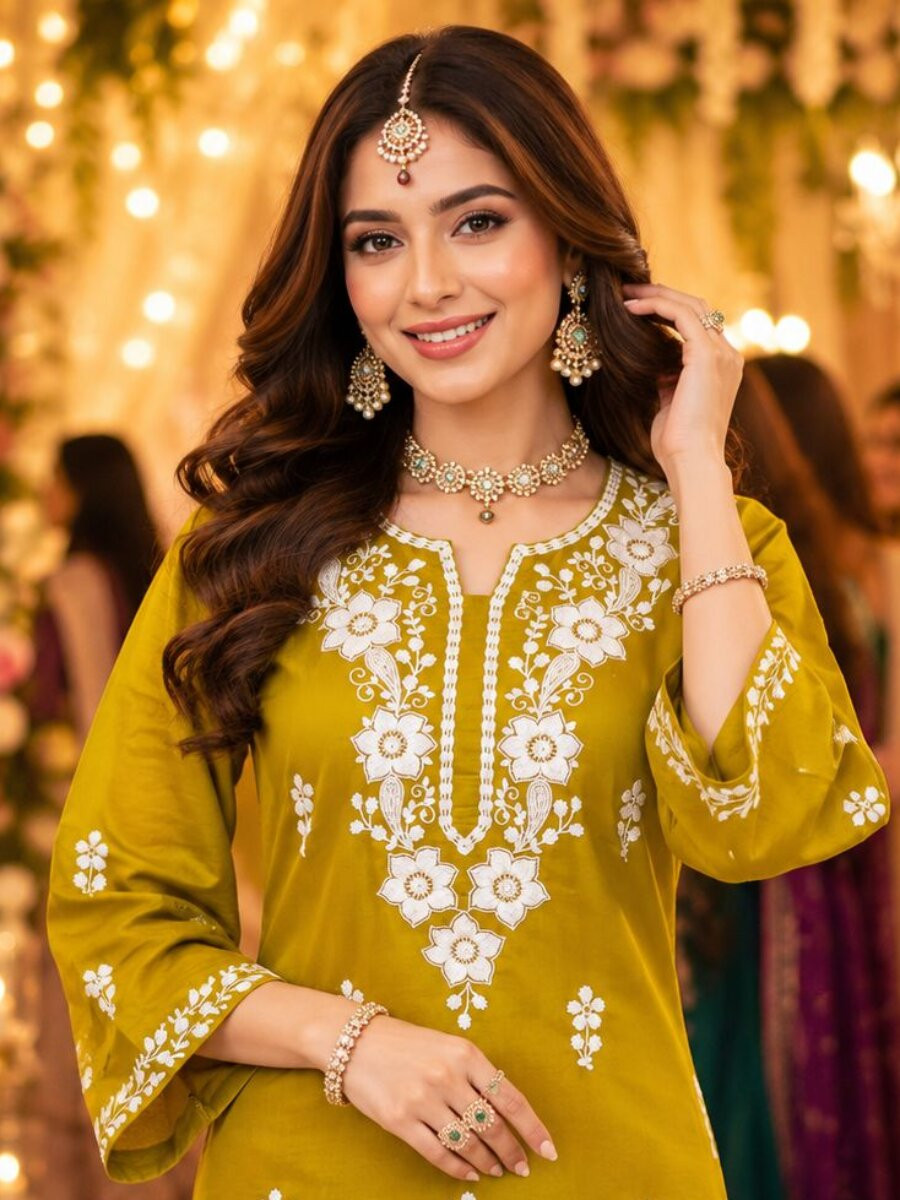 Mustard Real Premium PV Chanderi Roman Silk Embroidered Wedding Party Festival Casual Kurti Bottom Women Wear