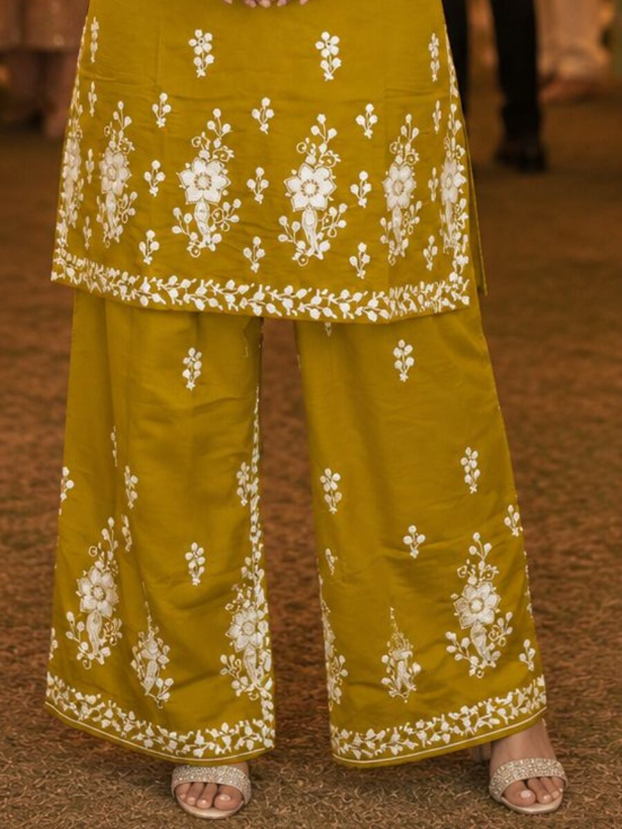 Mustard Real Premium PV Chanderi Roman Silk Embroidered Wedding Party Festival Casual Kurti Bottom Women Wear