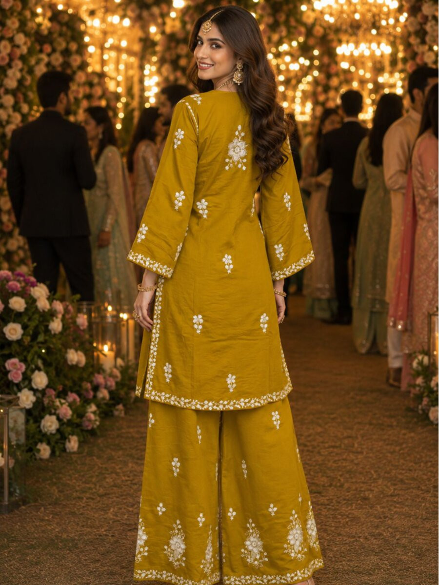 Mustard Real Premium PV Chanderi Roman Silk Embroidered Wedding Party Festival Casual Kurti Bottom Women Wear