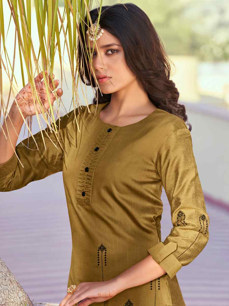 Mustard Roman Silk Embroidered Festival Casual Kurti