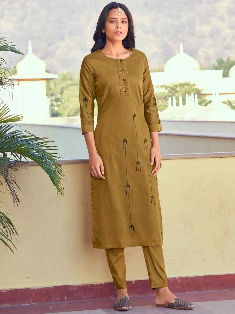 Mustard Roman Silk Embroidered Festival Casual Kurti