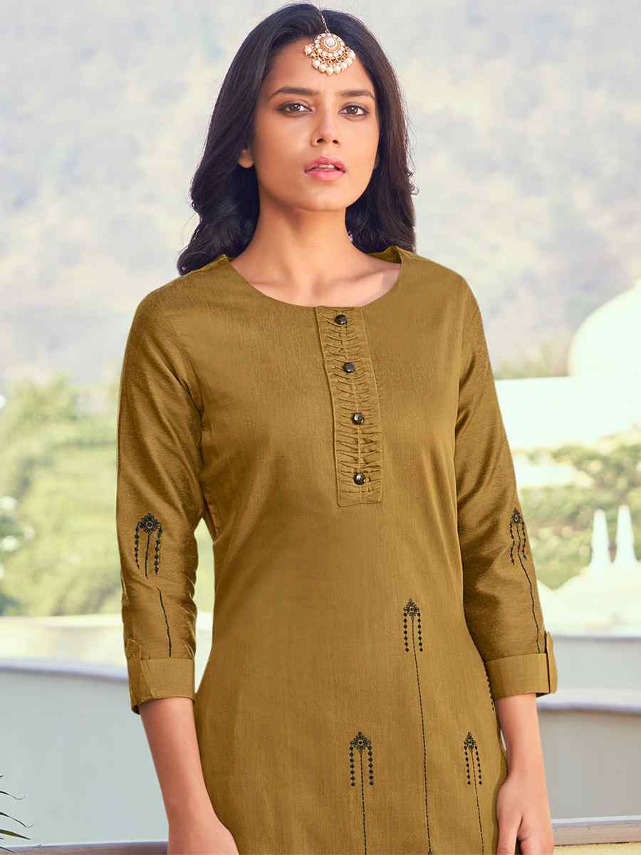 Mustard Roman Silk Embroidered Festival Casual Kurti