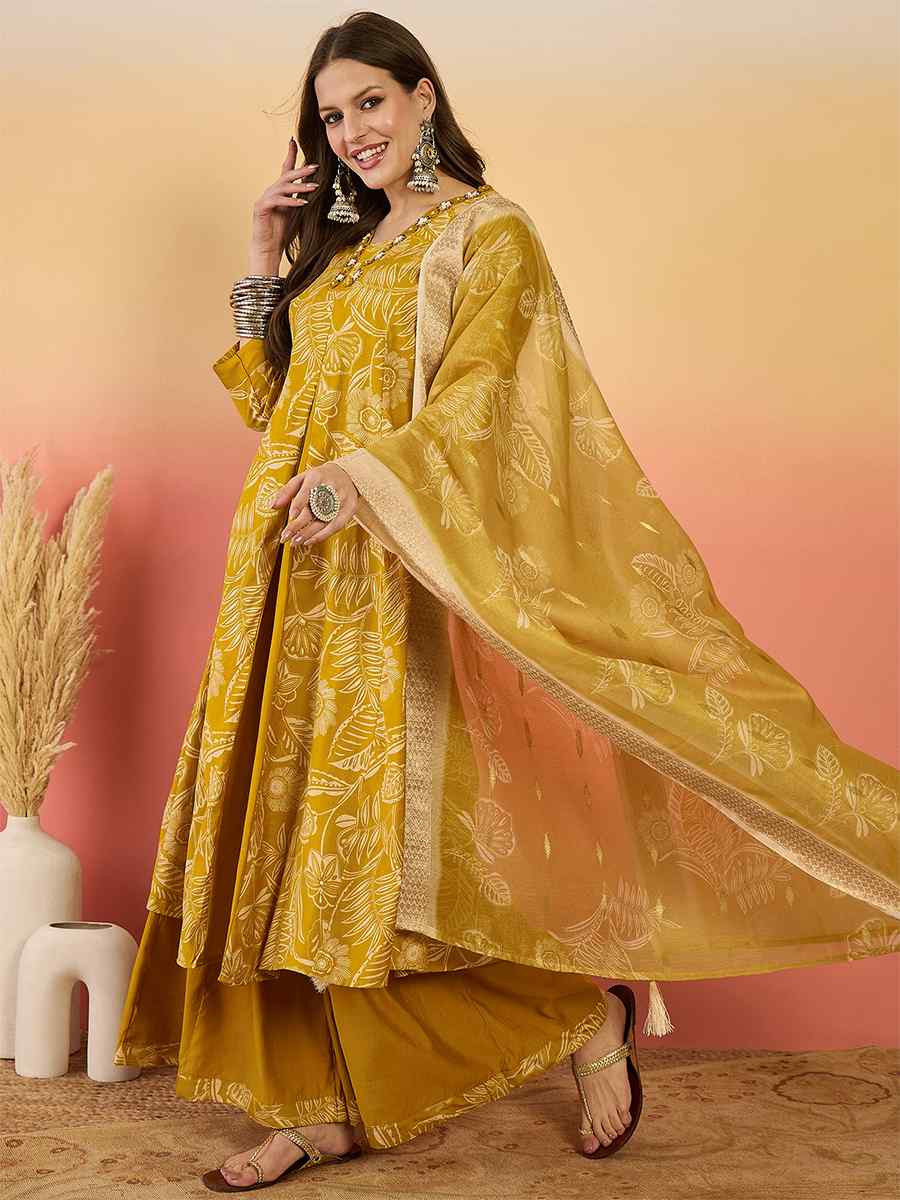 Mustard Roman Silk Embroidered Party Wedding Ready A-Line Salwar Kameez