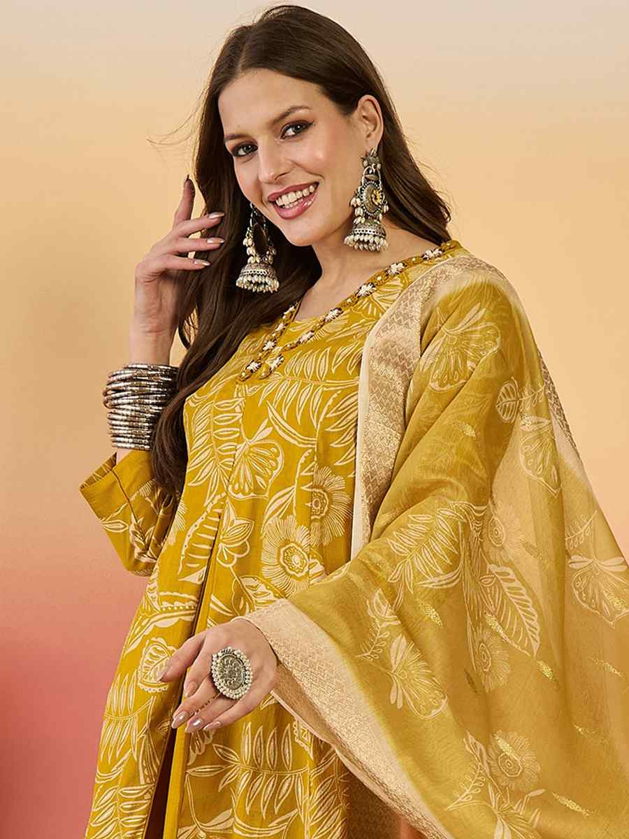 Mustard Roman Silk Embroidered Party Wedding Ready A-Line Salwar Kameez