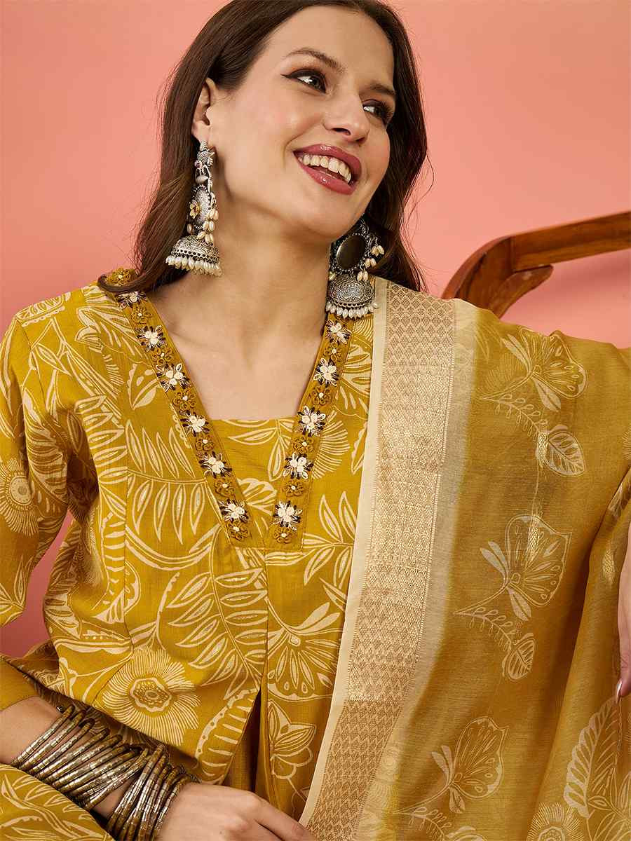 Mustard Roman Silk Embroidered Party Wedding Ready A-Line Salwar Kameez