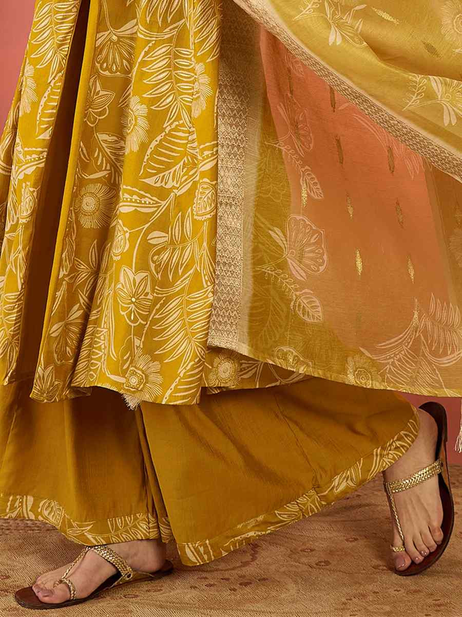 Mustard Roman Silk Embroidered Party Wedding Ready A-Line Salwar Kameez
