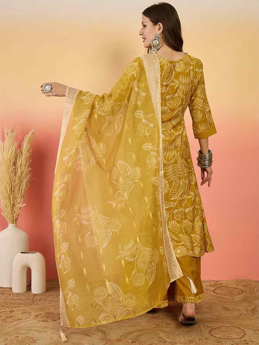 Mustard Roman Silk Embroidered Party Wedding Ready A-Line Salwar Kameez