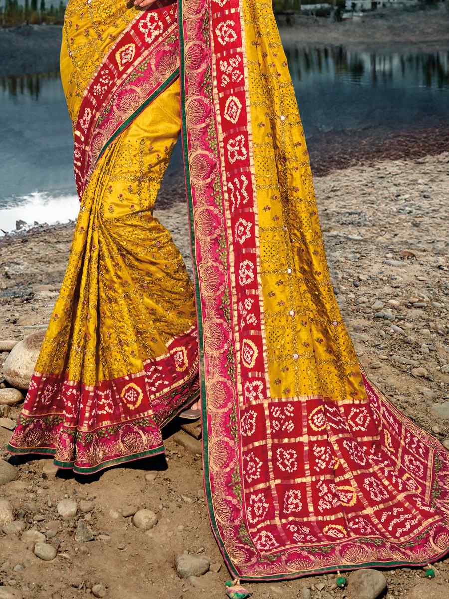 Mustard Russian Silk Embroidered Wedding Bridal Heavy Border Saree