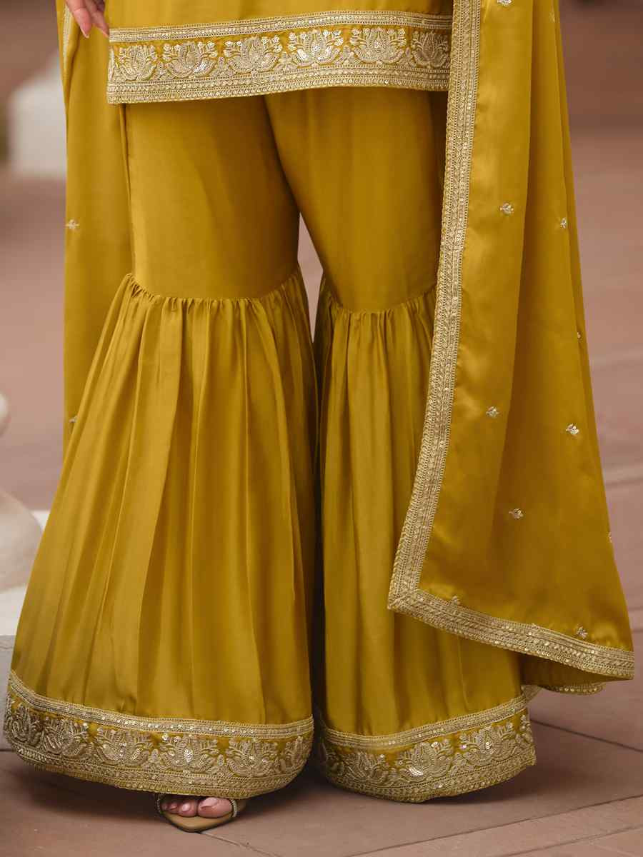 Mustard Satin Silk Embroidered Party Wedding Ready Sharara Pant Salwar Kameez