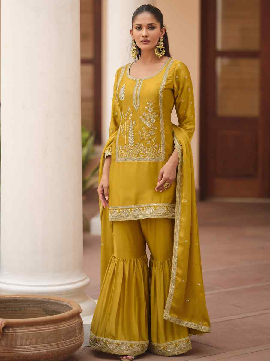 Mustard Satin Silk Embroidered Party Wedding Ready Sharara Pant Salwar Kameez