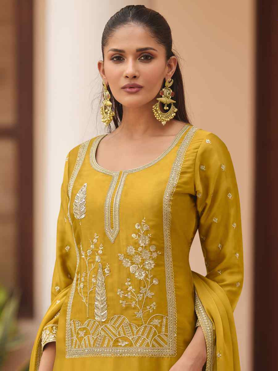 Mustard Satin Silk Embroidered Party Wedding Ready Sharara Pant Salwar Kameez