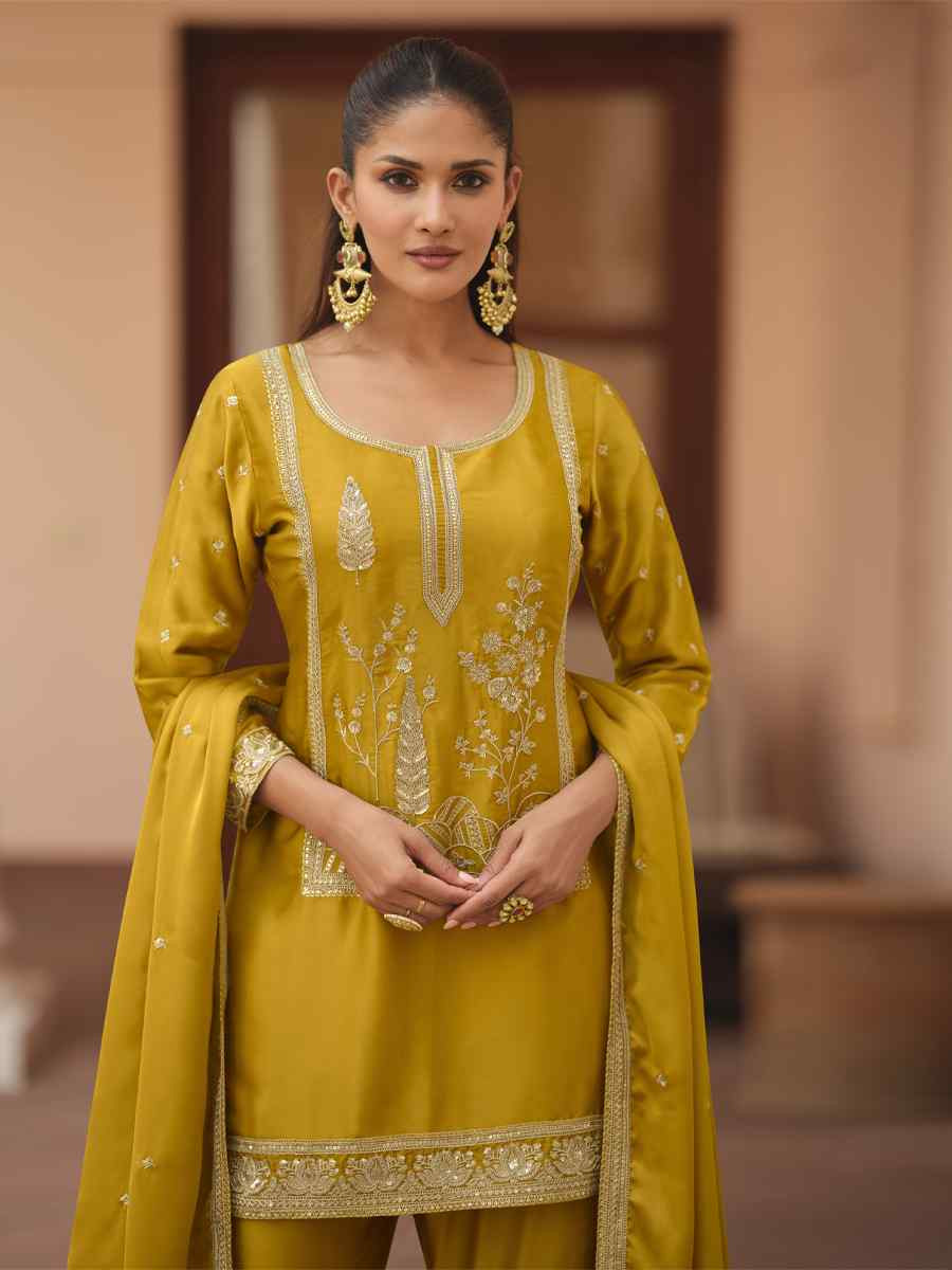 Mustard Satin Silk Embroidered Party Wedding Ready Sharara Pant Salwar Kameez