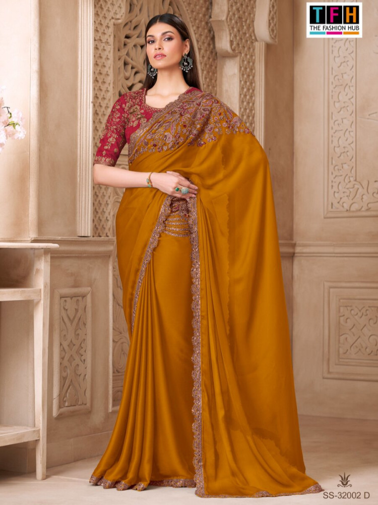 Image of Mustard Satin Silk Embroidery Sequins Wedding Reception Party Festival Heavy Border Sarees