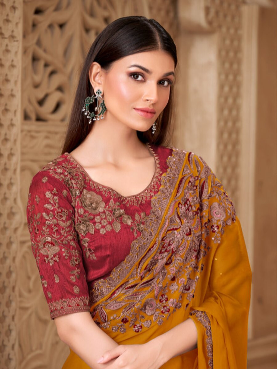 Mustard Satin Silk Embroidery Sequins Wedding Reception Party Festival Heavy Border Sarees