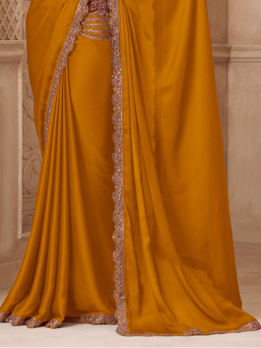 Mustard Satin Silk Embroidery Sequins Wedding Reception Party Festival Heavy Border Sarees