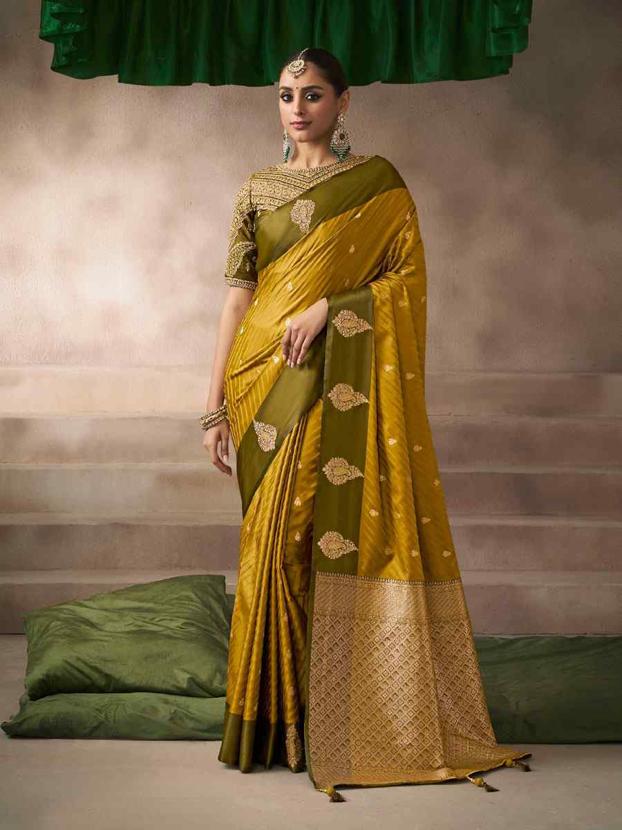 Mustard Satin Silk Handwoven Zari Work Traditional Bridal Reception Festival Wedding Fancy Heavy Border Saree