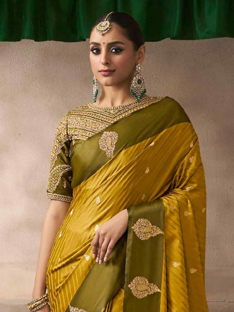Mustard Satin Silk Handwoven Zari Work Traditional Bridal Reception Festival Wedding Fancy Heavy Border Saree