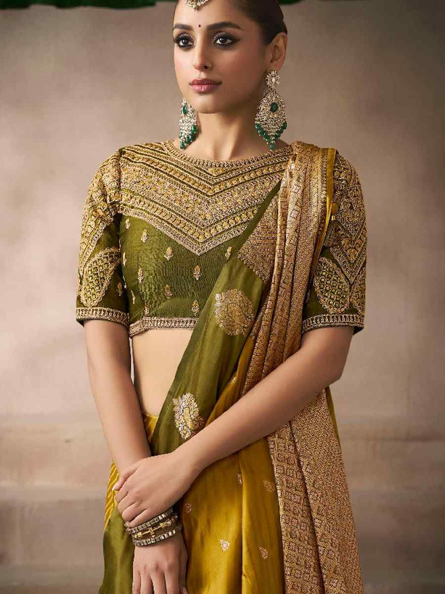 Mustard Satin Silk Handwoven Zari Work Traditional Bridal Reception Festival Wedding Fancy Heavy Border Saree