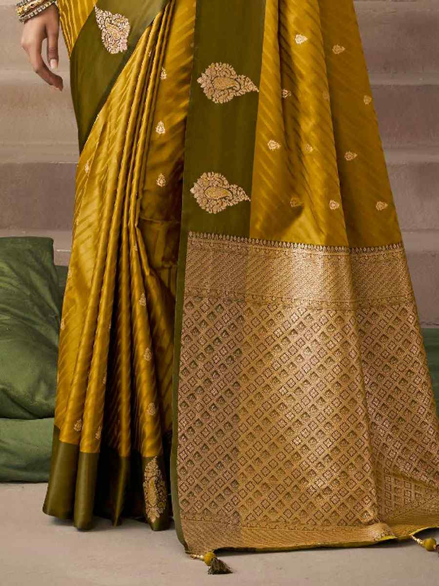 Mustard Satin Silk Handwoven Zari Work Traditional Bridal Reception Festival Wedding Fancy Heavy Border Saree