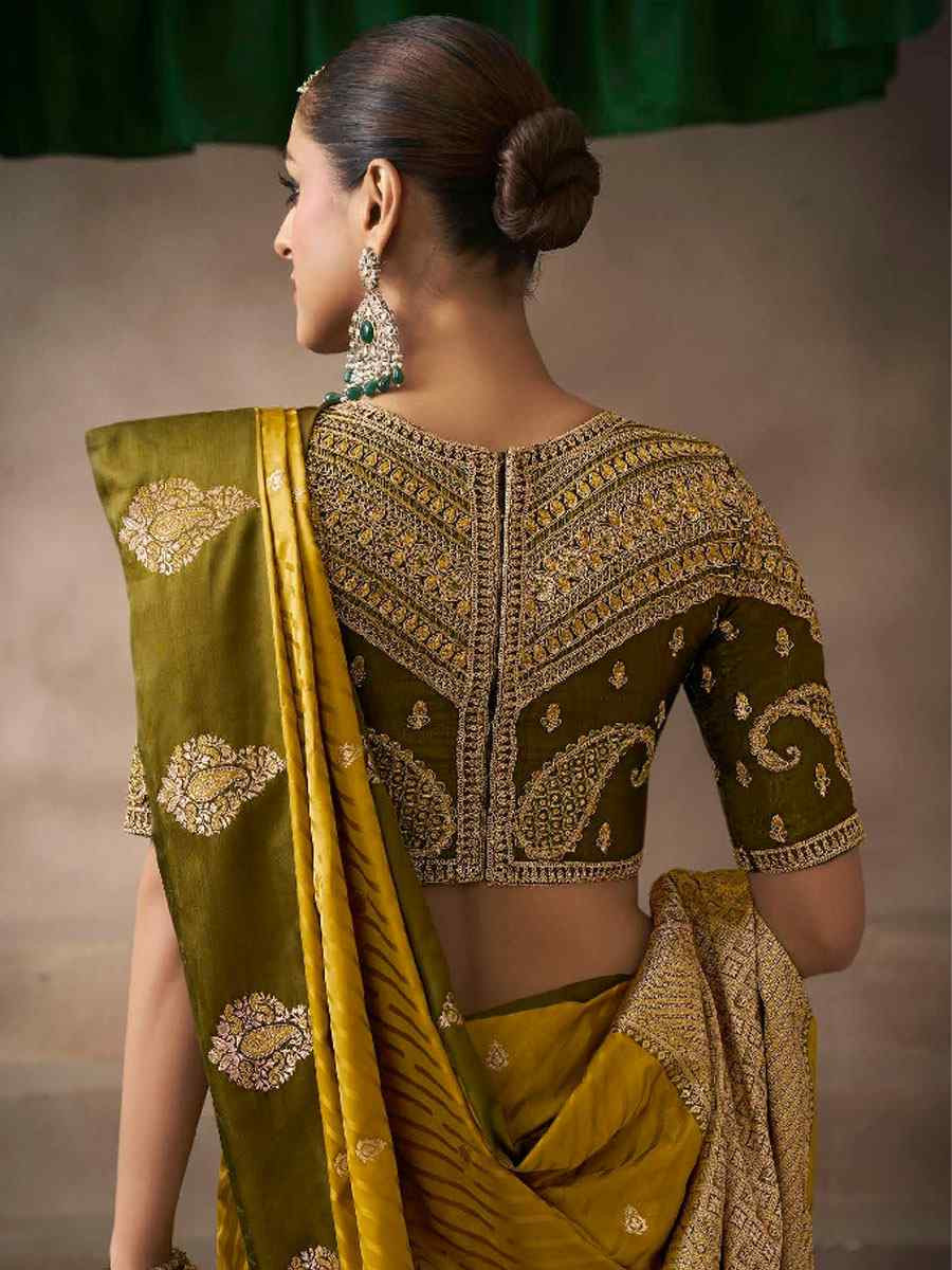 Mustard Satin Silk Handwoven Zari Work Traditional Bridal Reception Festival Wedding Fancy Heavy Border Saree