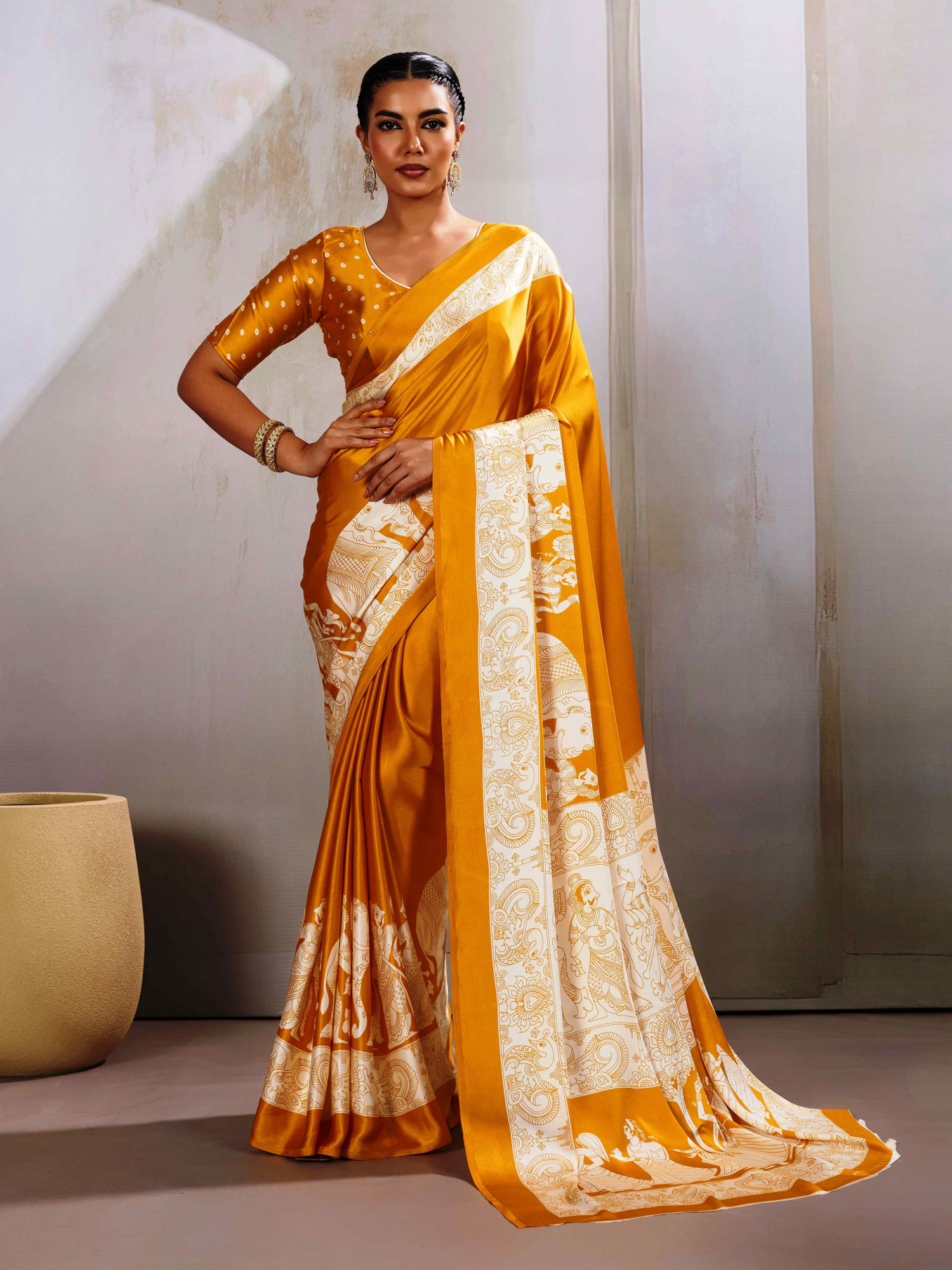 Mustard Satin Silk Printed Traditional Casual Reception Festival Wedding Fancy Heavy Border Saree