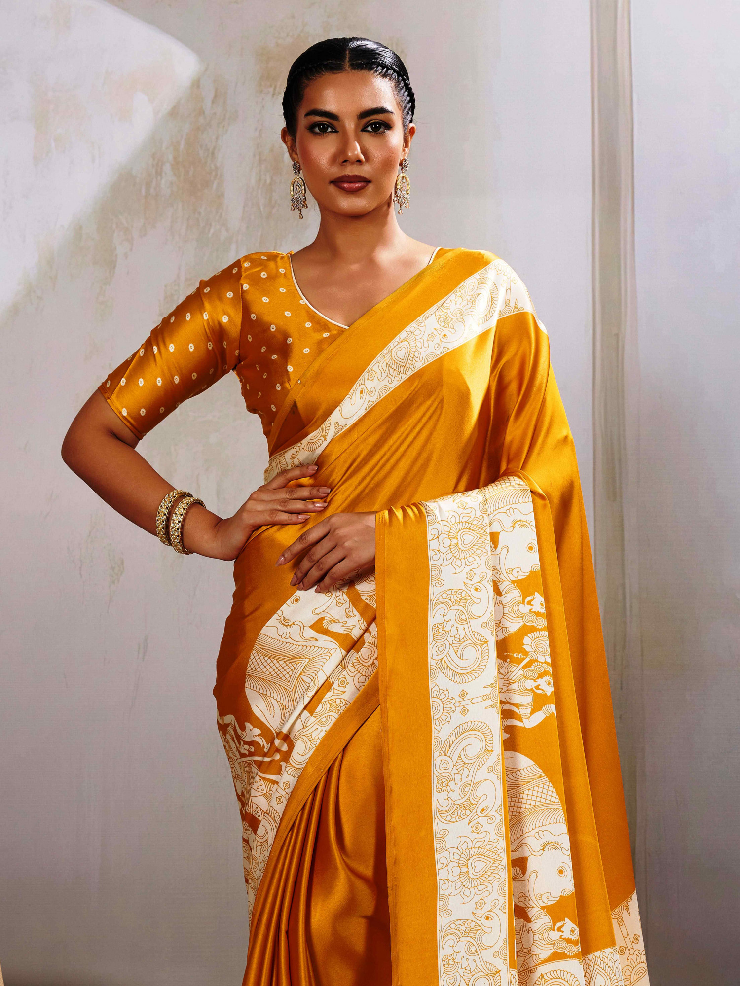 Mustard Satin Silk Printed Traditional Casual Reception Festival Wedding Fancy Heavy Border Saree
