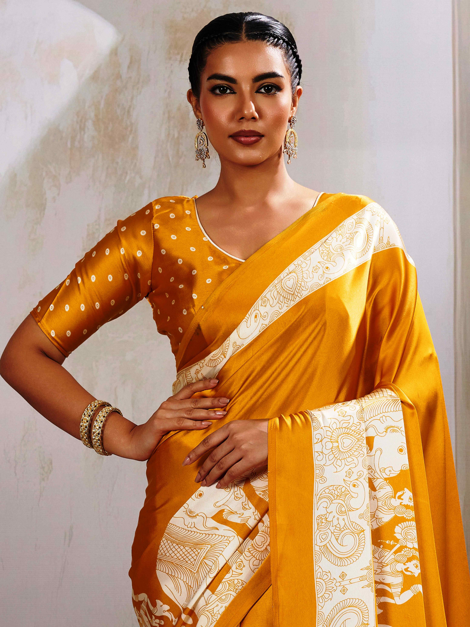 Mustard Satin Silk Printed Traditional Casual Reception Festival Wedding Fancy Heavy Border Saree