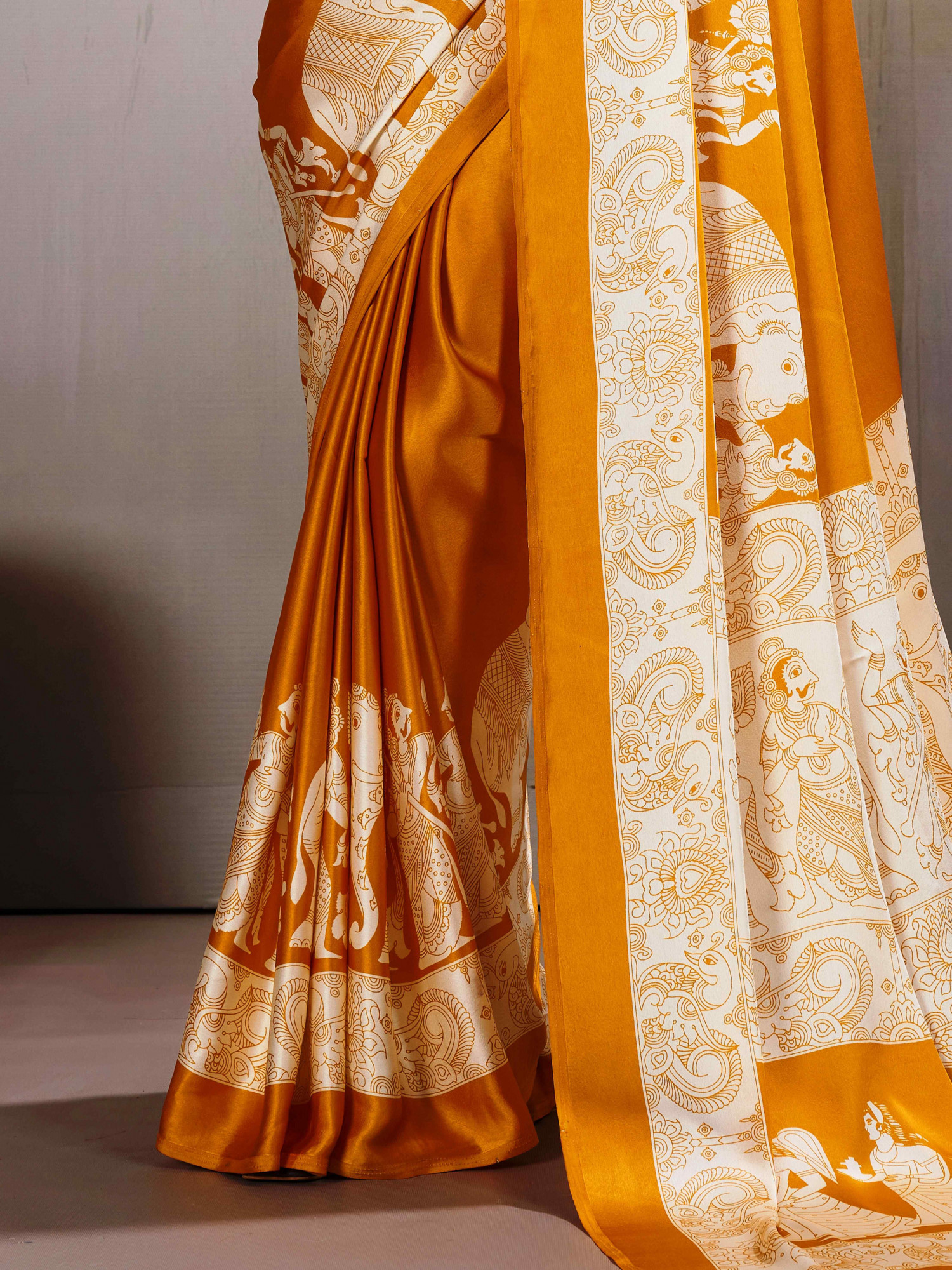 Mustard Satin Silk Printed Traditional Casual Reception Festival Wedding Fancy Heavy Border Saree