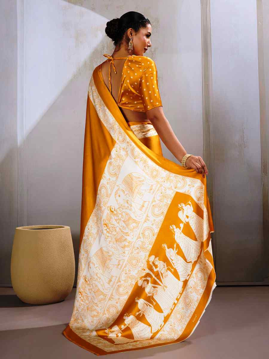Mustard Satin Silk Printed Traditional Casual Reception Festival Wedding Fancy Heavy Border Saree