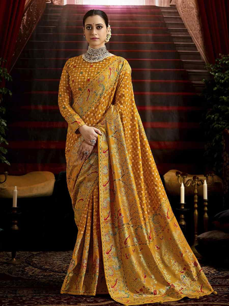 Mustard Silk Bhandej Prined Traditional Bridal Reception Festival Wedding Fancy Heavy Border Saree