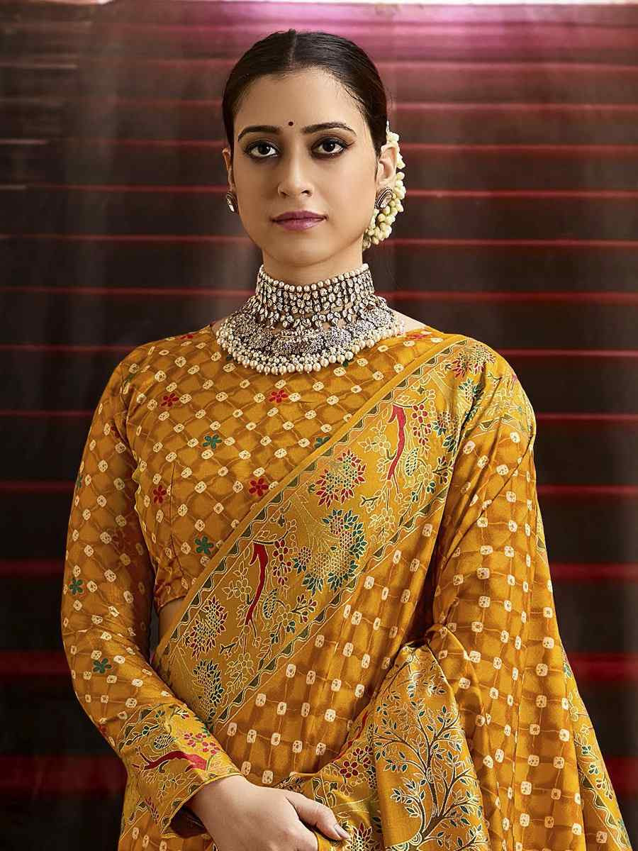 Mustard Silk Bhandej Prined Traditional Bridal Reception Festival Wedding Fancy Heavy Border Saree