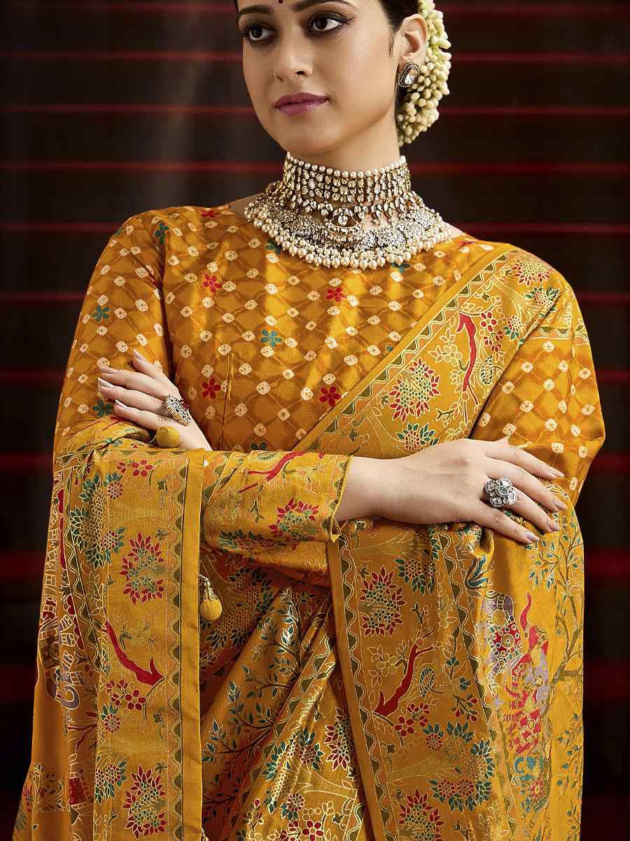 Mustard Silk Bhandej Prined Traditional Bridal Reception Festival Wedding Fancy Heavy Border Saree