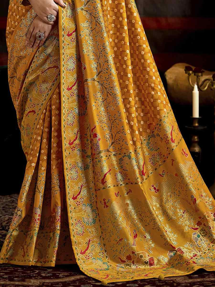 Mustard Silk Bhandej Prined Traditional Bridal Reception Festival Wedding Fancy Heavy Border Saree