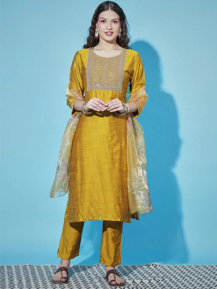 Mustard Silk Blend Embroidered Festival Casual Ready Pant Salwar Kameez