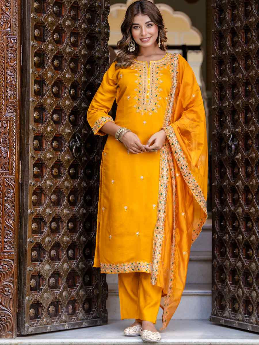 Mustard Silk Blend Embroidered Mehendi Wedding Ready Pant Salwar Kameez