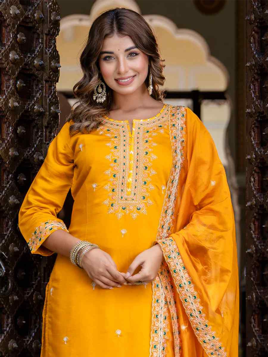 Mustard Silk Blend Embroidered Mehendi Wedding Ready Pant Salwar Kameez