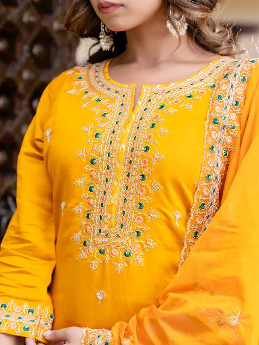 Mustard Silk Blend Embroidered Mehendi Wedding Ready Pant Salwar Kameez