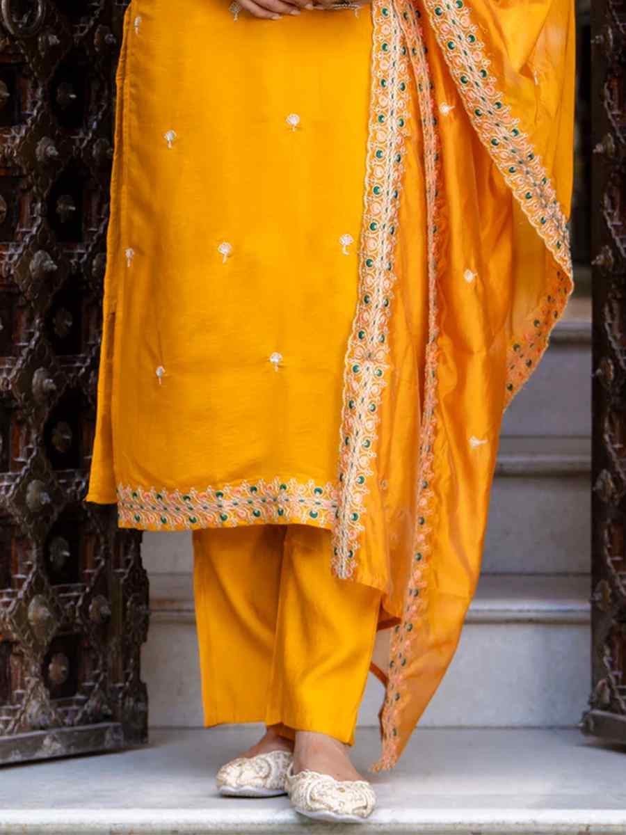 Mustard Silk Blend Embroidered Mehendi Wedding Ready Pant Salwar Kameez