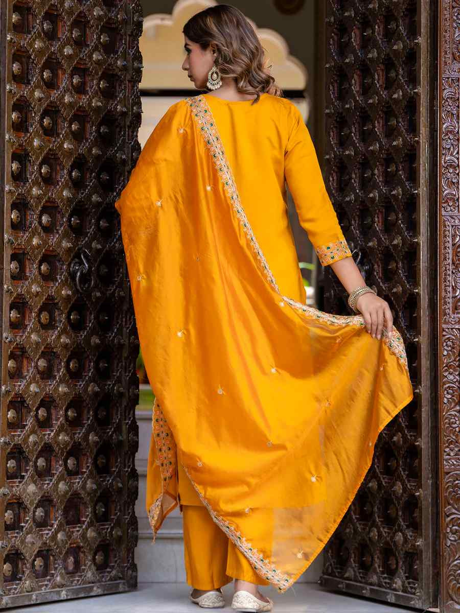 Mustard Silk Blend Embroidered Mehendi Wedding Ready Pant Salwar Kameez
