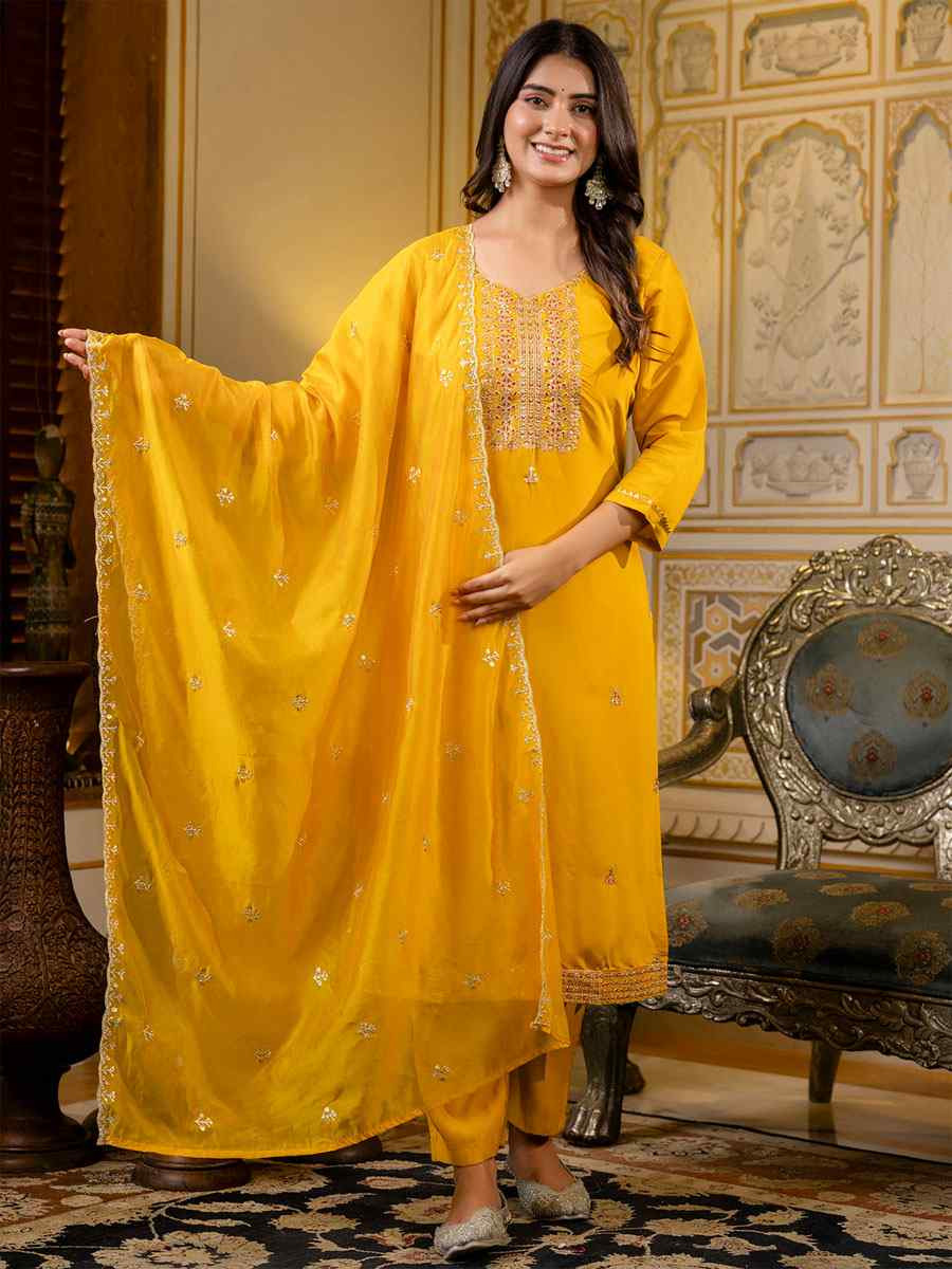 Mustard Silk Blend Embroidery Party Wedding Festival Casual Ready Pant Salwar Kameez
